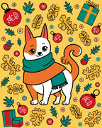 Whimsical dog with autumn leaves and ornaments Rug