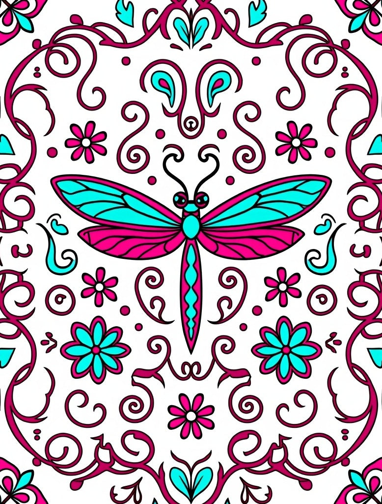Hot Pink Turquoise Dragonfly Floral Scroll Rug