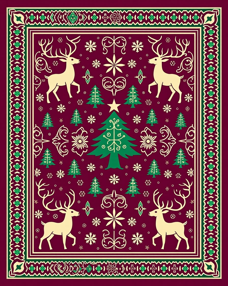 Cream Reindeer Festive Christmas Trees Rug