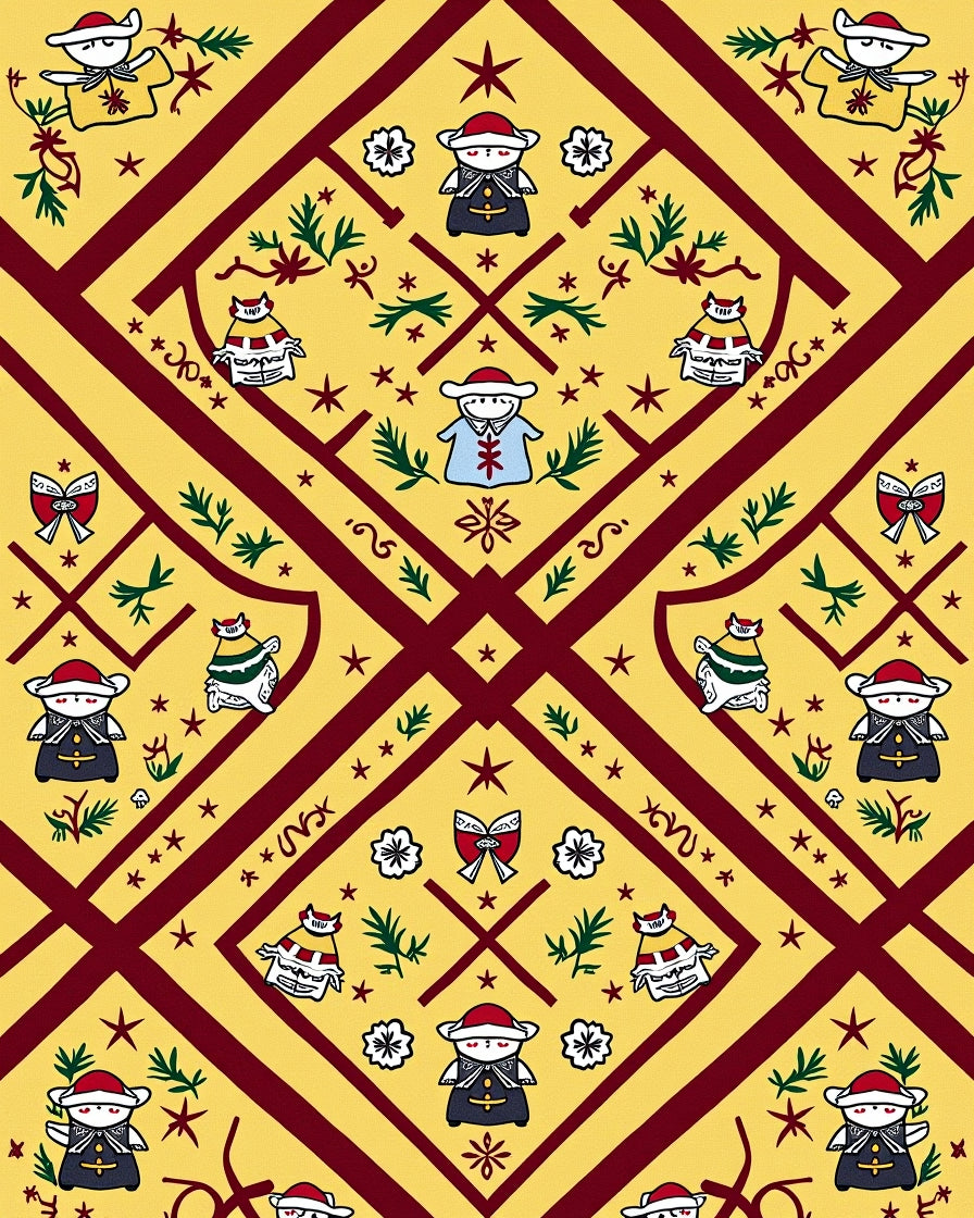 Crimson Yellow Folk Art Figures Rug