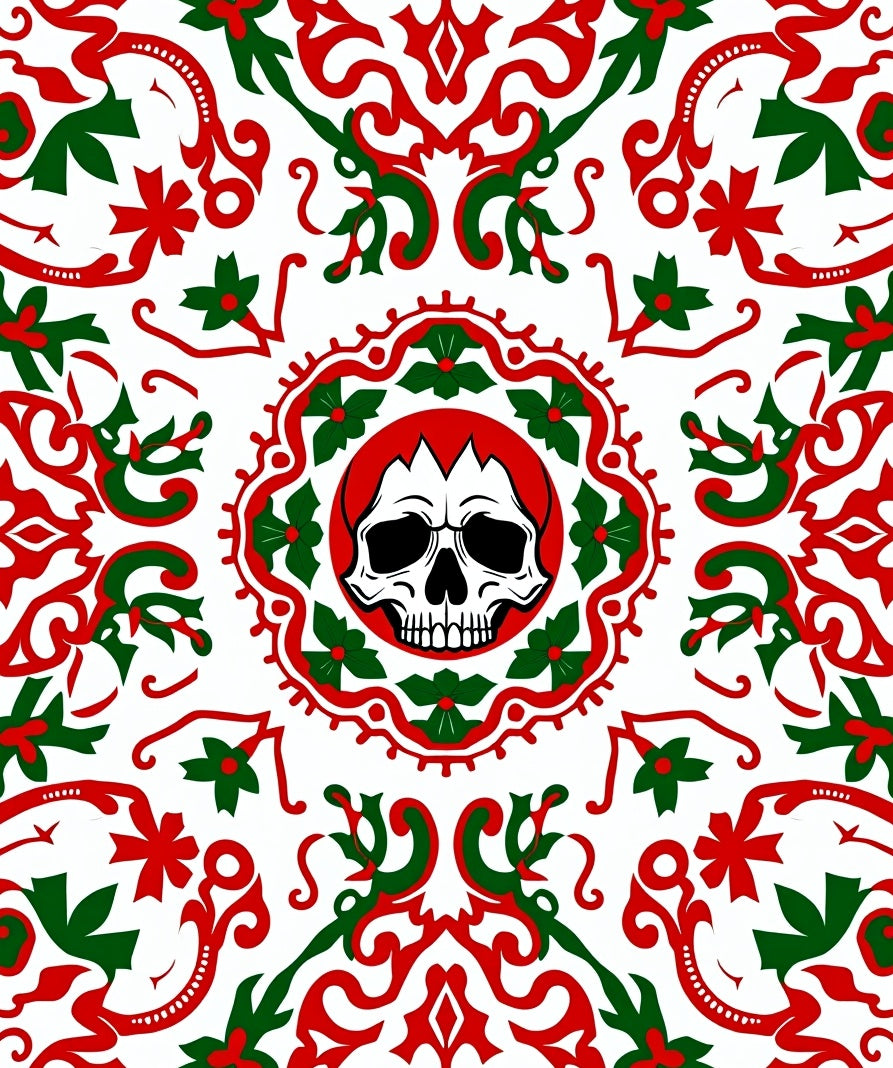 Crimson Green Skull Medallion Mandala Rug