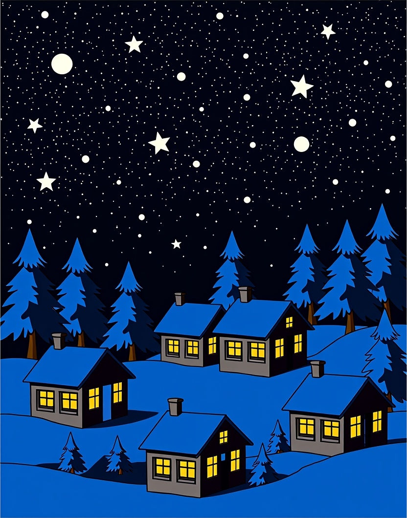 Midnight Blue Starry Village Houses Rug
