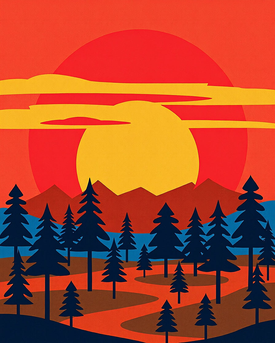 Crimson Sunset Forest Landscape Rug
