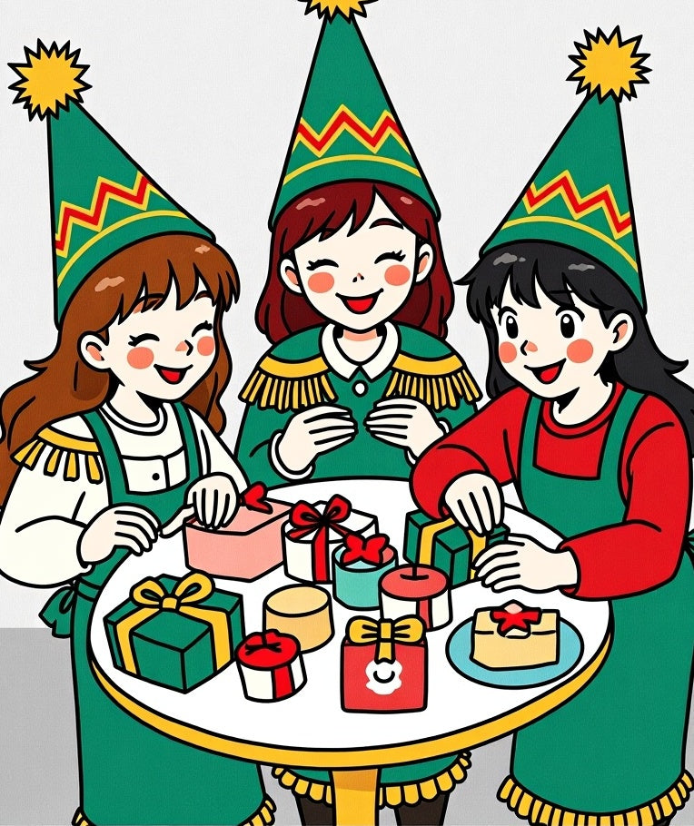 Festive Holiday Girls Gift Wrapping Scene Rug
