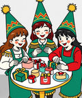 Festive Holiday Girls Gift Wrapping Scene Rug