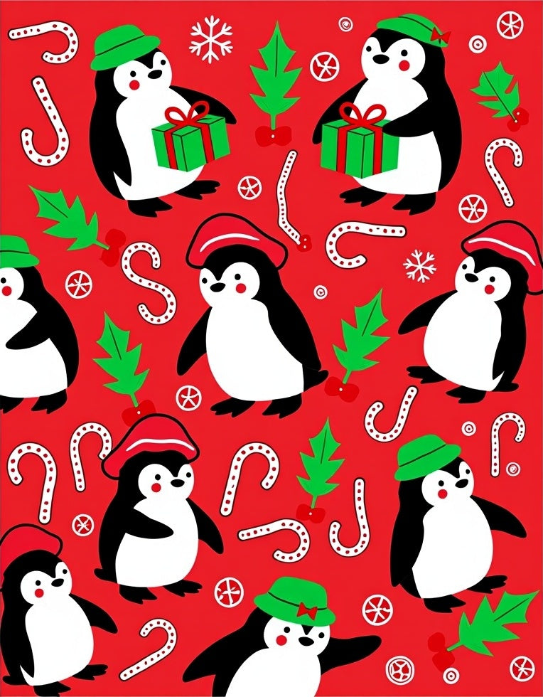 Christmas Penguins Candy Cane Holly Medley Rug