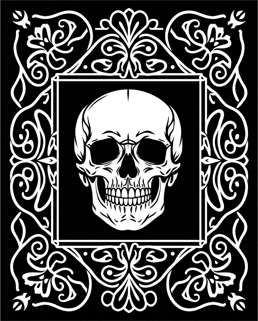 Gothic Skull White Floral Border Rug
