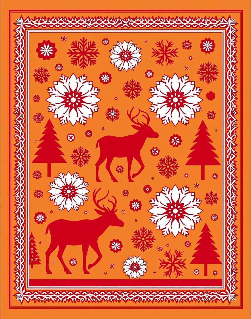 Red Deer Snowflake Christmas Orange Border Rug