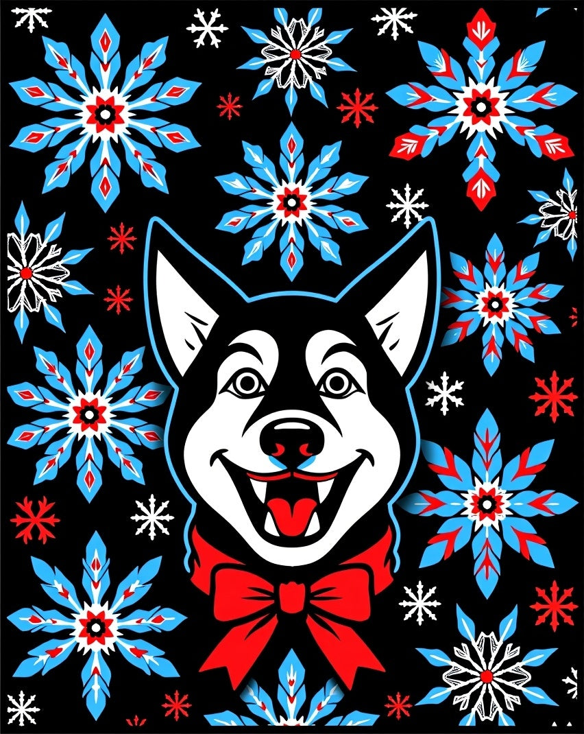 Black Husky Red Bow Snowflake Field Rug