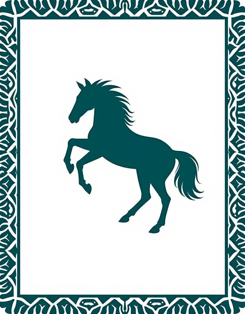 Teal Silhouette Rearing Horse Border Rug
