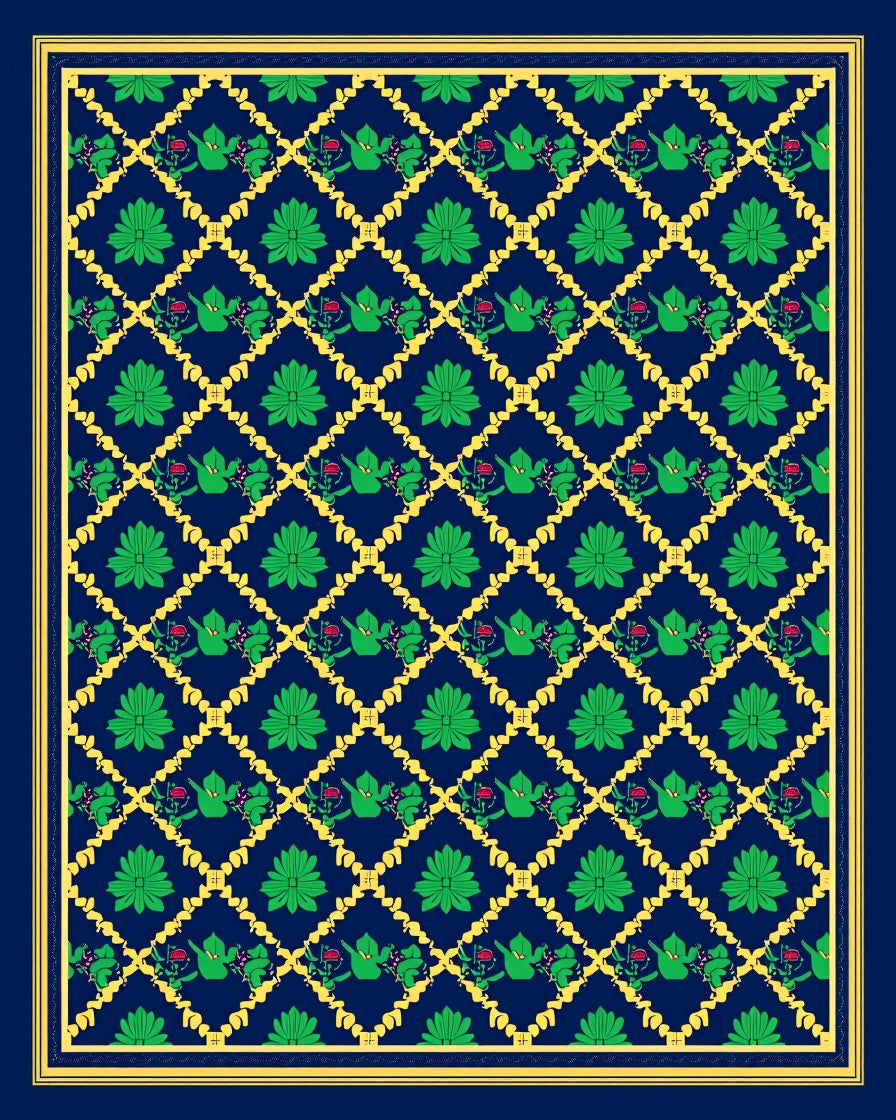 Deep Blue Lattice Green Floral Medallion Rug
