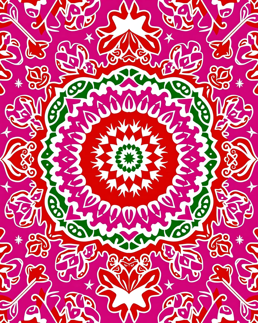 Vibrant Pink Red Green Mandala Medallion Rug