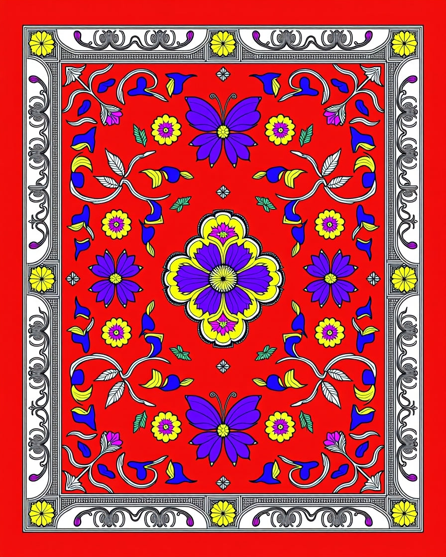 Vibrant Red Butterfly Garden Medallion Rug