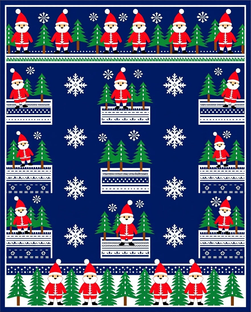 Festive Blue Santa Claus Trees Snowflakes Rug