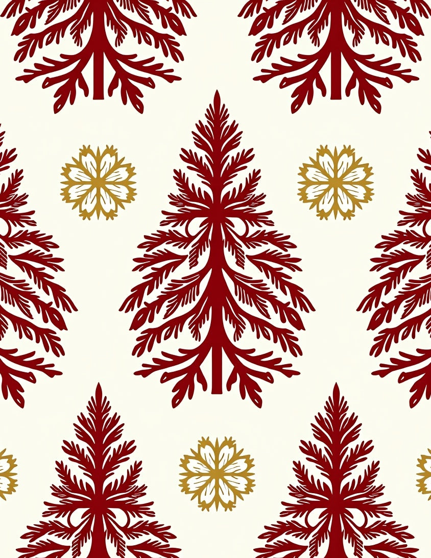 Crimson Pine Trees Gold Snowflakes Rug
