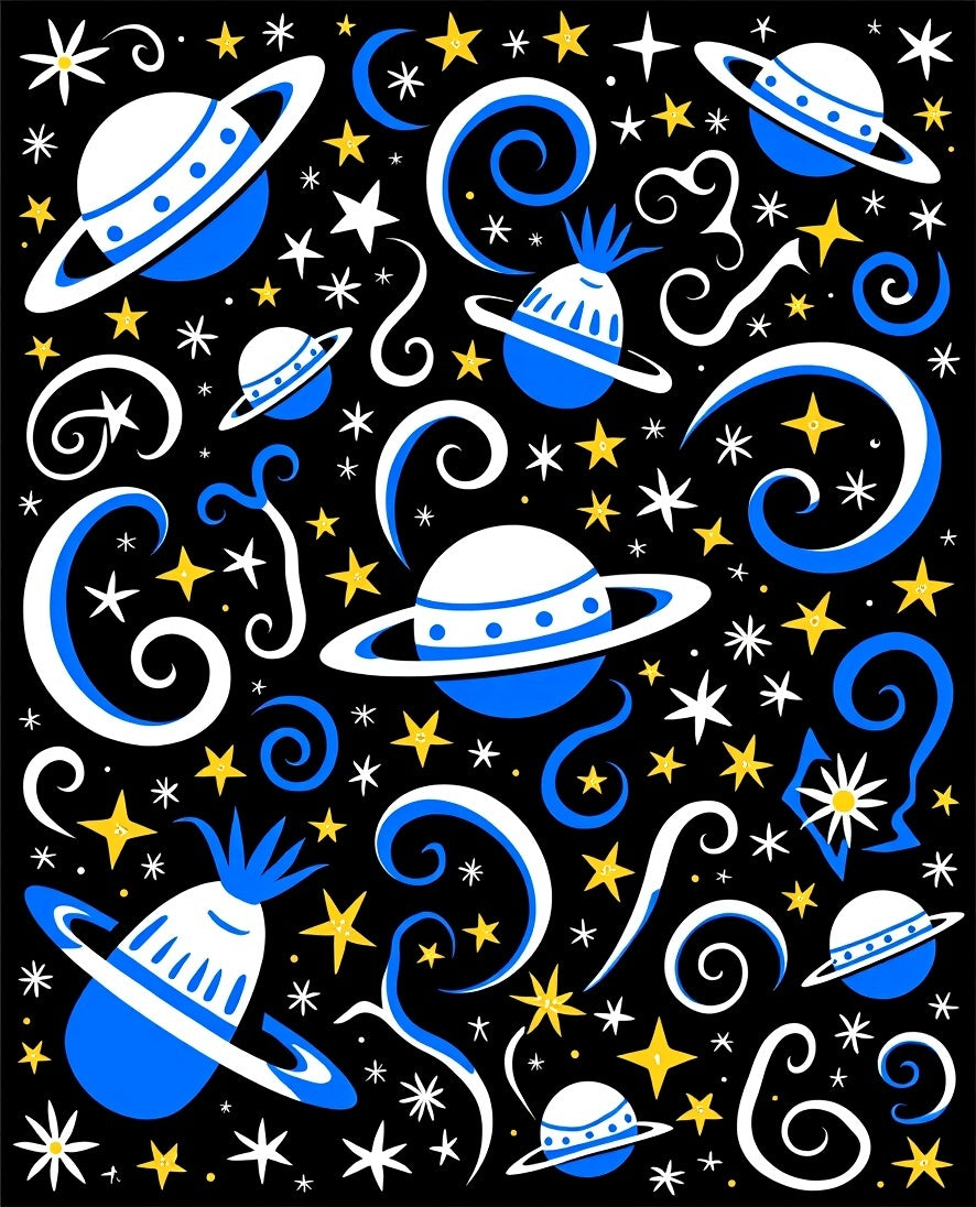 Cosmic Blue White Yellow Planets Swirls Rug