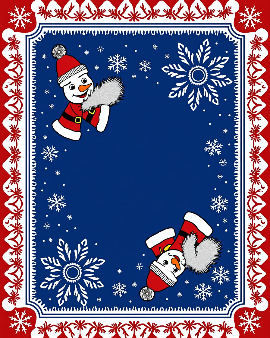 Whimsical Snowman Snowflake Red Border Rug