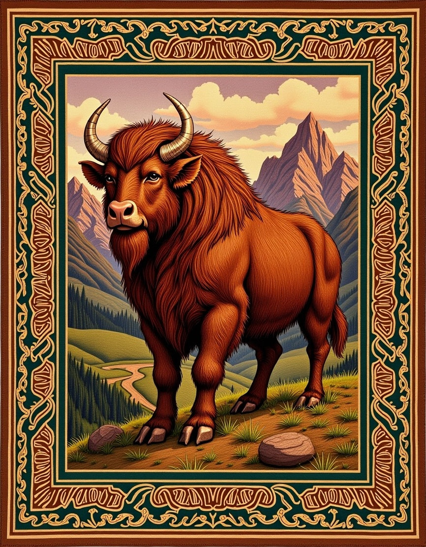 Majestic Bison Mountain Landscape Frame Rug