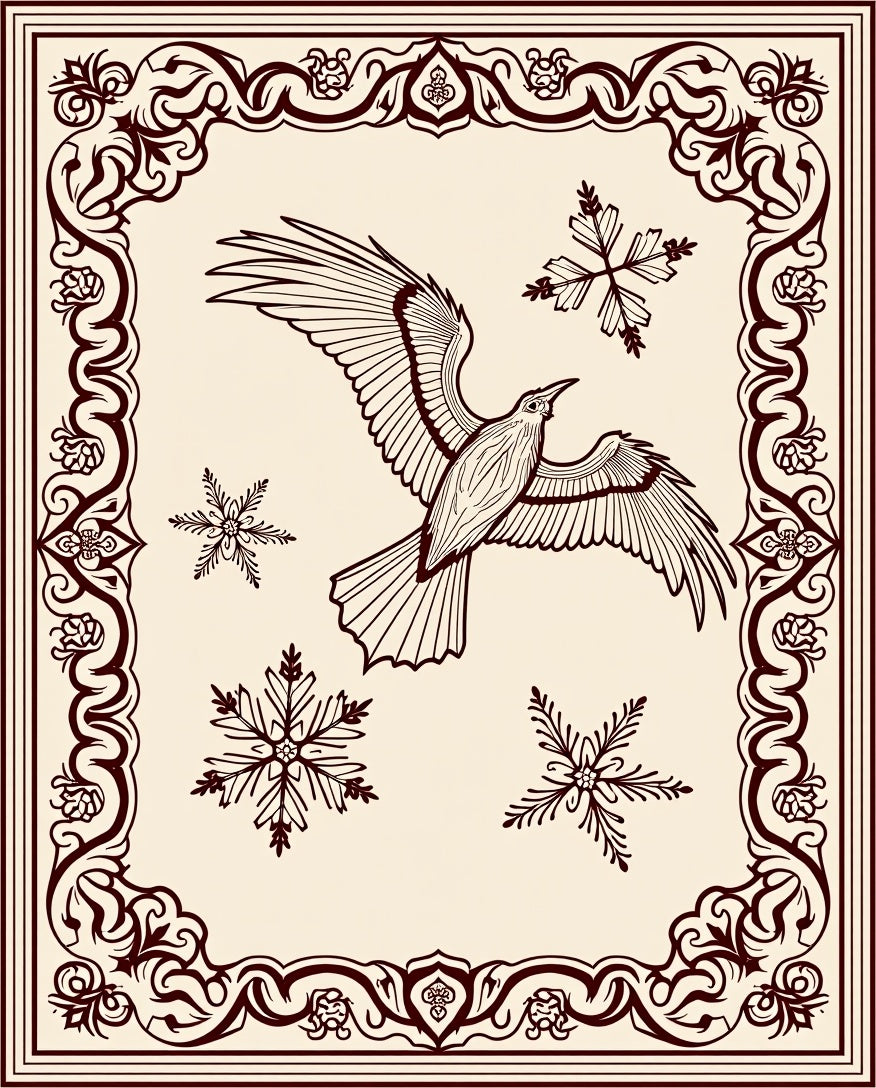 Crimson Bird and Snowflakes Ornate Border Rug