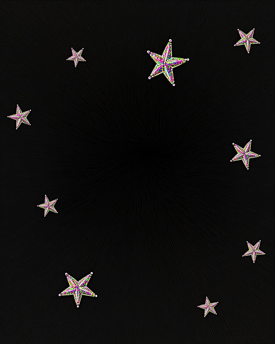 Sparkling Multicolor Star Scatter Across Black Rug