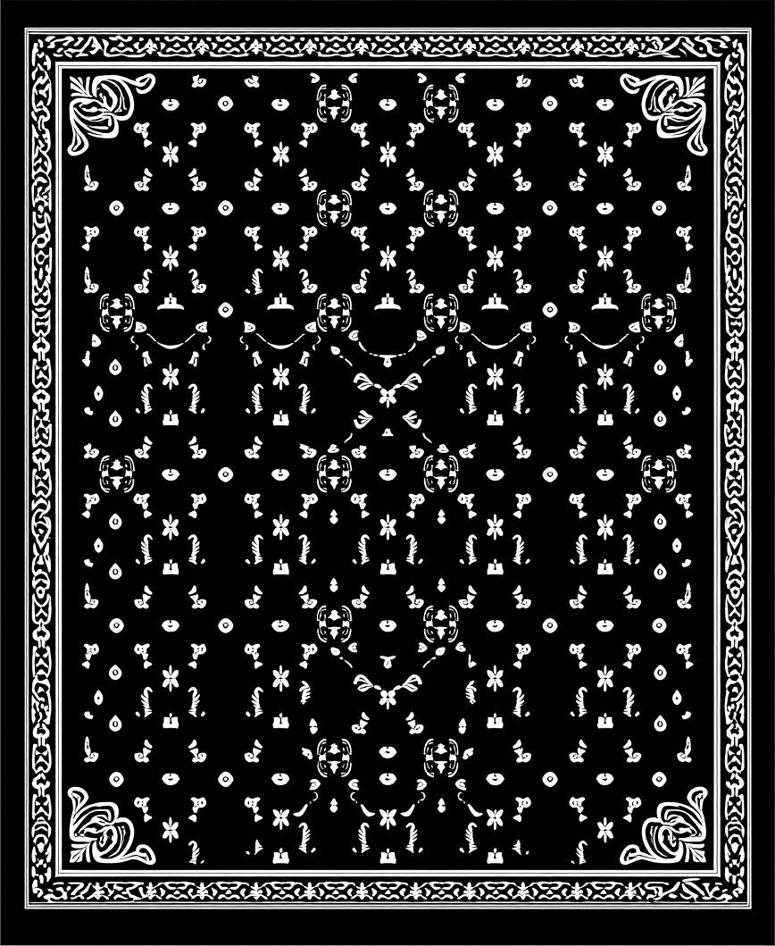 Black White Scattered Floral Border Rug