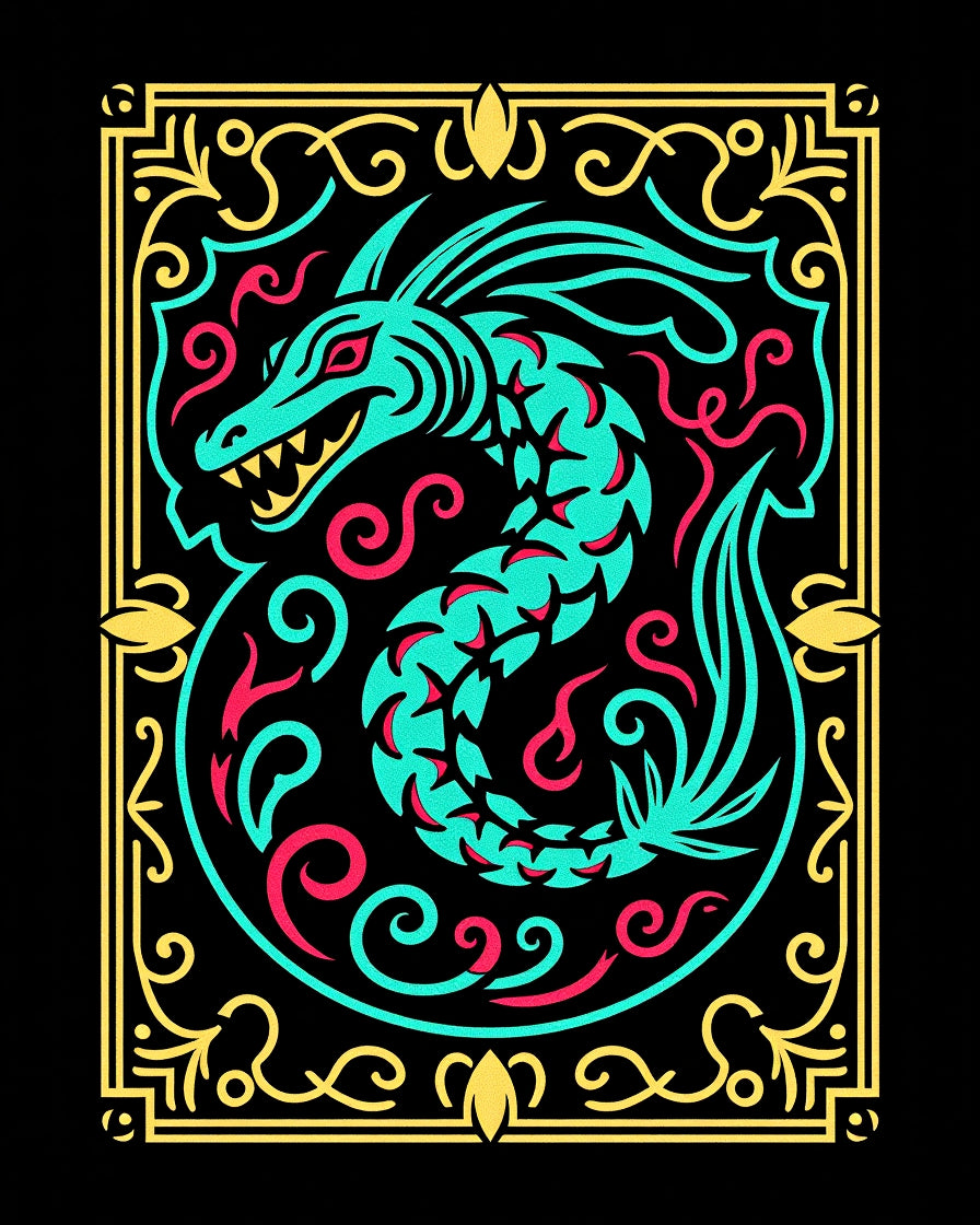 Aqua Red Dragon Floral Frame Rug