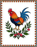 Vibrant Rooster Floral Wreath Emblem Rug