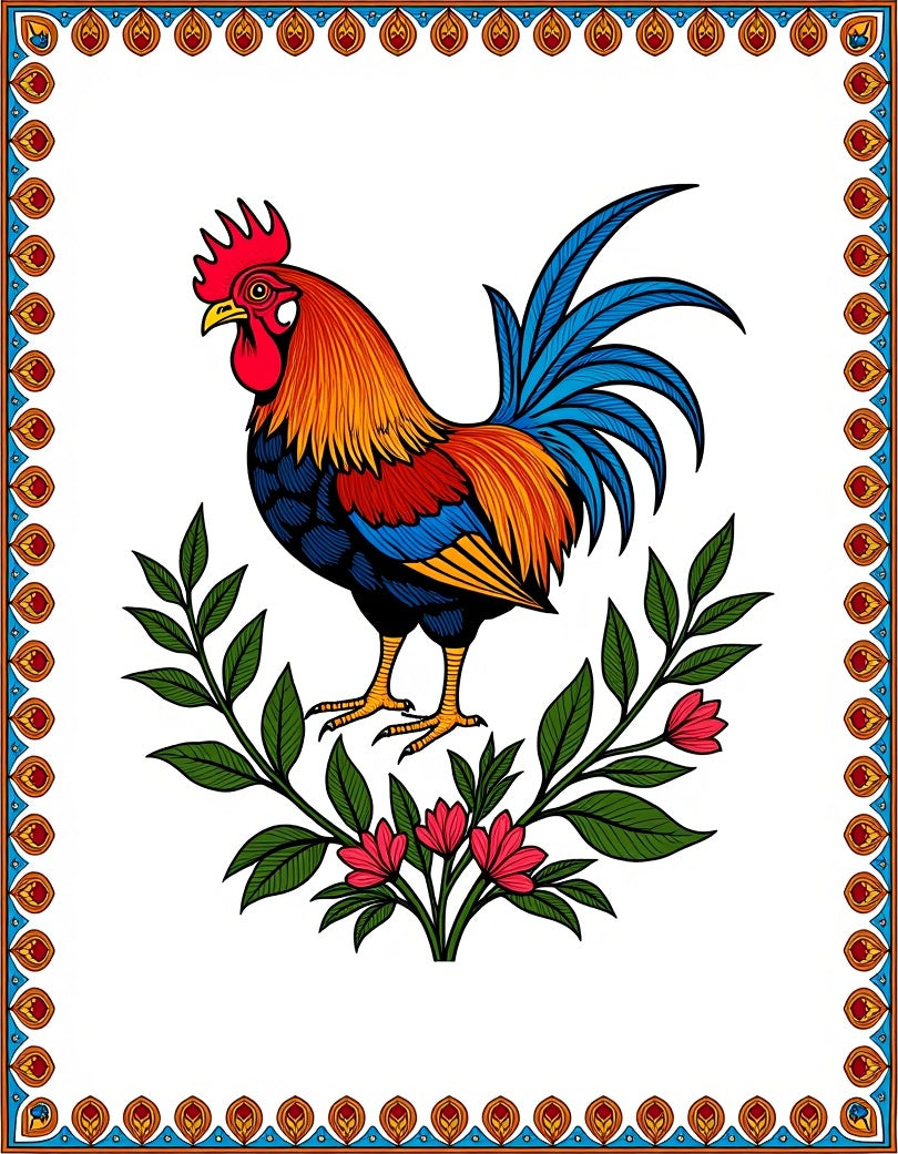 Vibrant Rooster Floral Wreath Emblem Rug