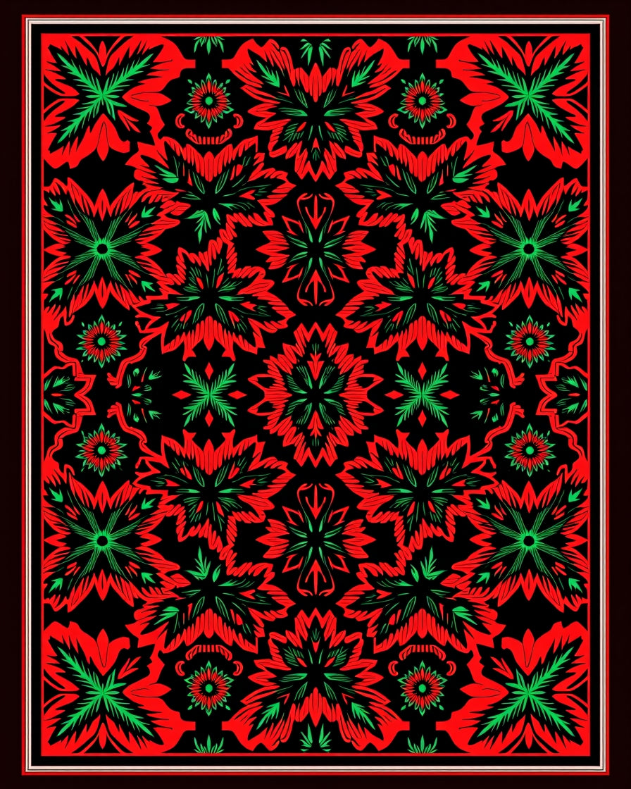 Bold Red Green Floral Symmetry Rug