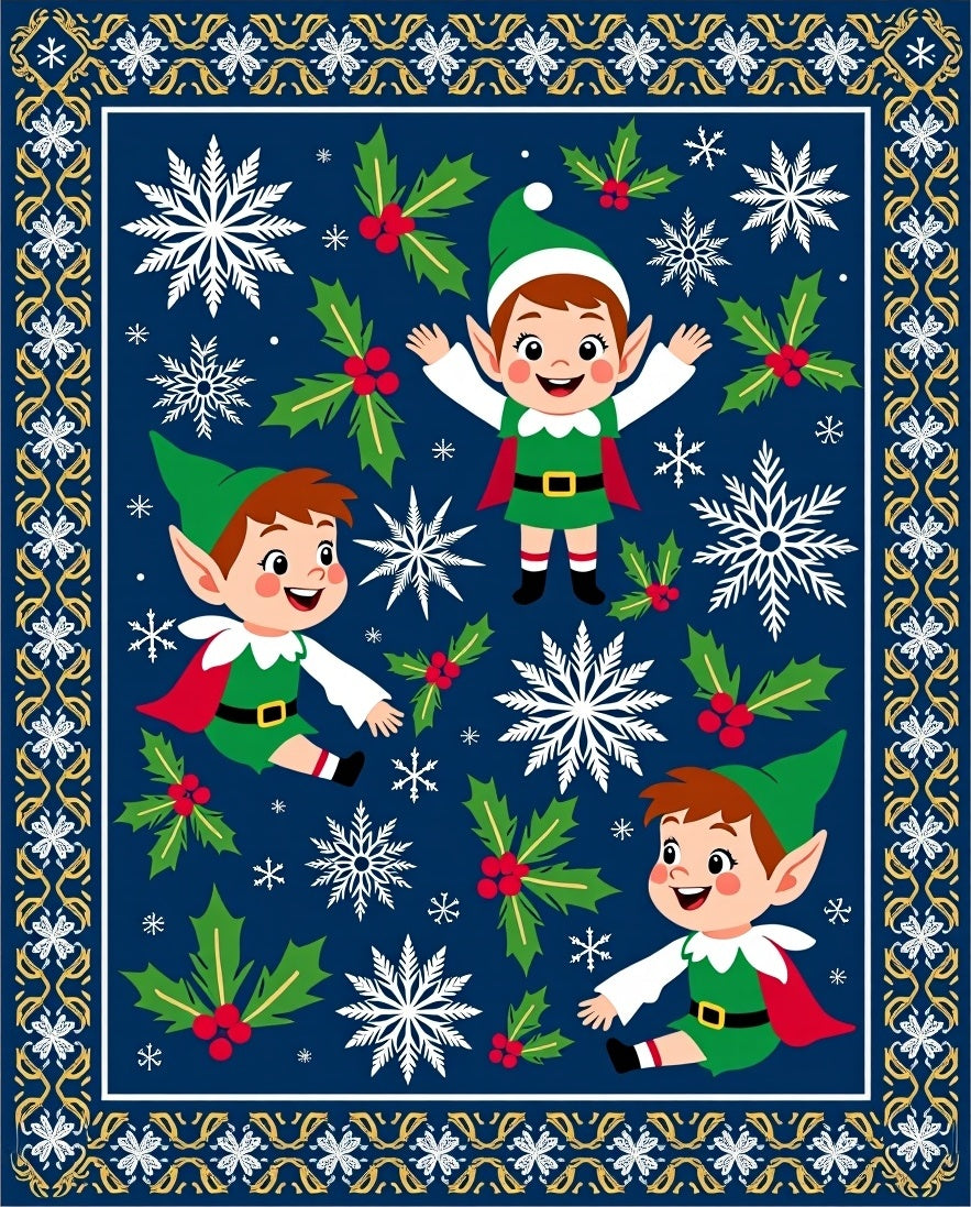 Festive Elf Holly Snowflake Navy Blue Rug