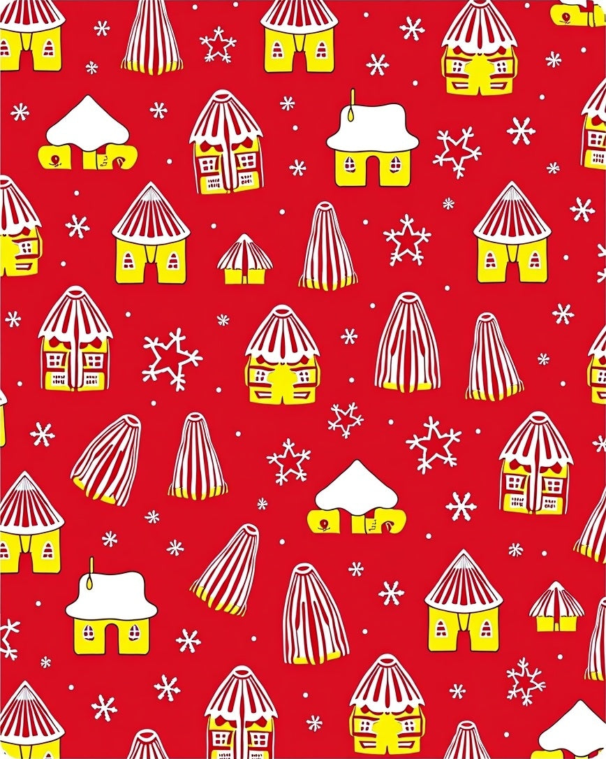 Whimsical Yellow Houses Snowflakes Red Rug