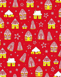 Whimsical Yellow Houses Snowflakes Red Rug