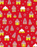 Whimsical Yellow Houses Snowflakes Red Rug