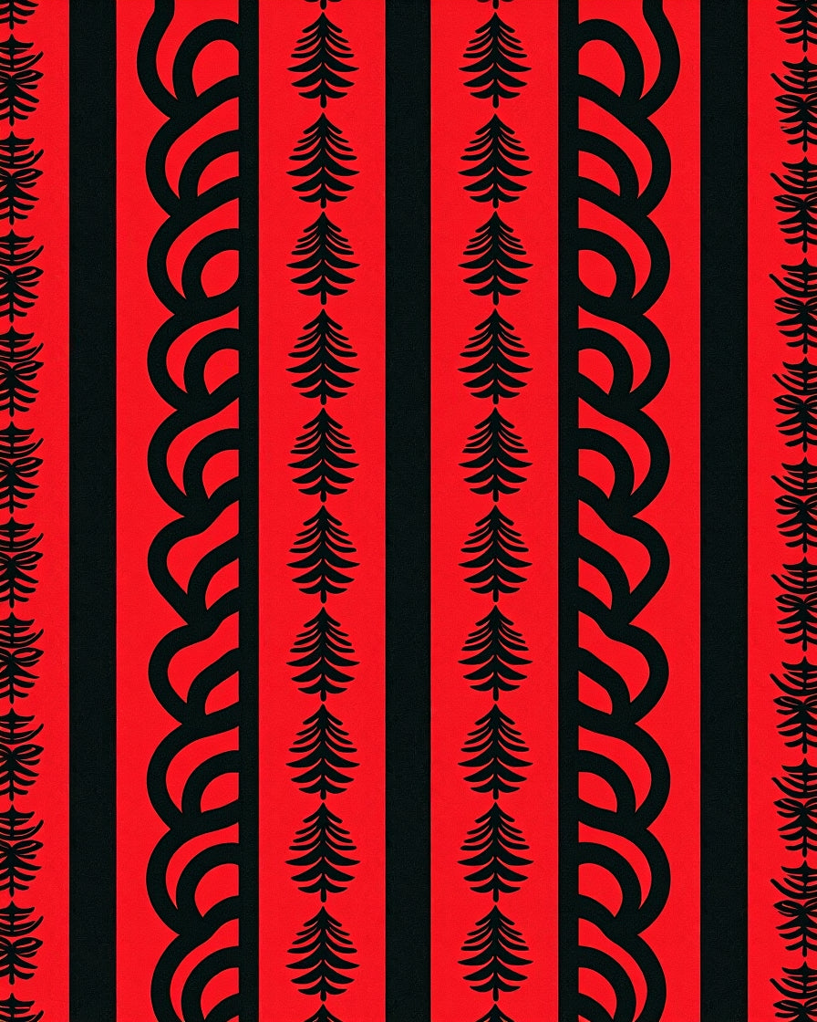 Bold Red Black Vertical Trees Border Rug