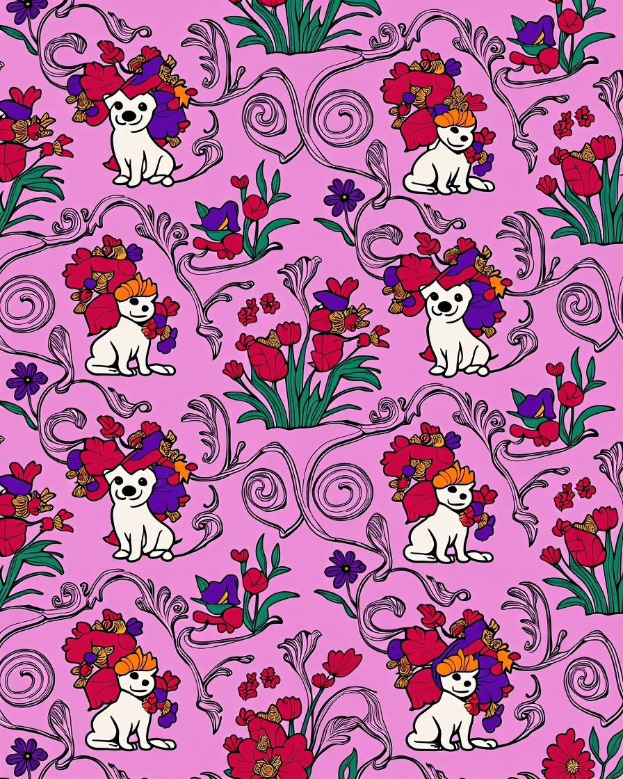 Whimsical Floral Puppy Meadow Rug