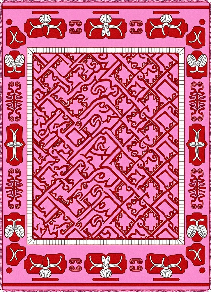 Pink Red Abstract Geometric Border Rug