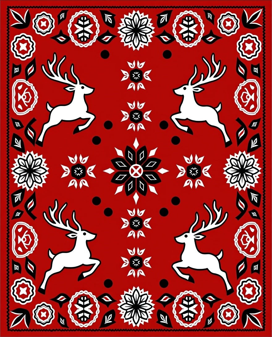 Red Jumping Deer Folk Art Rug