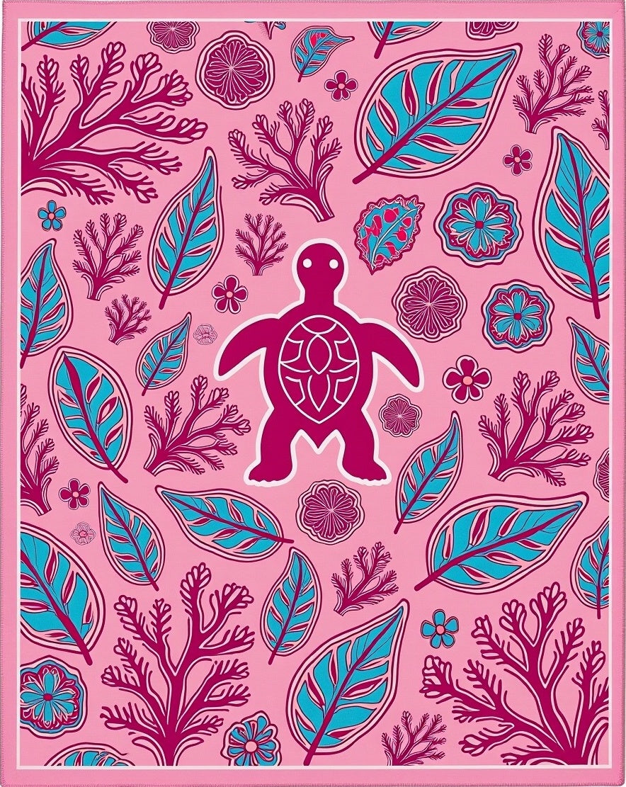 Pink Teal Turtle Coral Leaf Mandala Rug