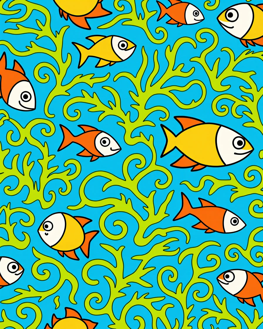 Whimsical Blue Orange Fish Seaweed Rug