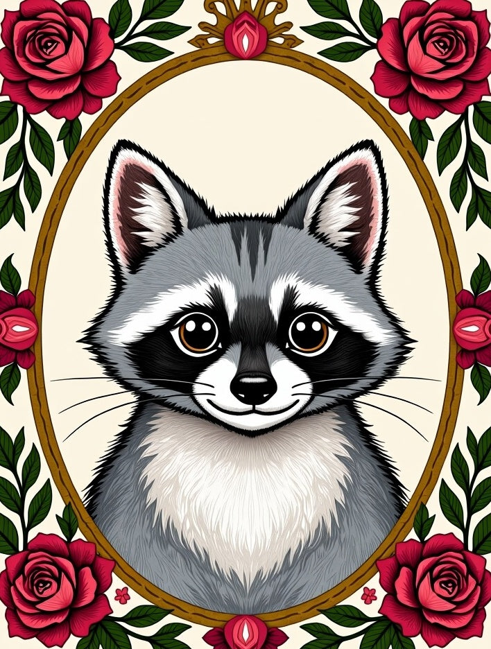 Crimson Rose Raccoon Oval Portrait Rug