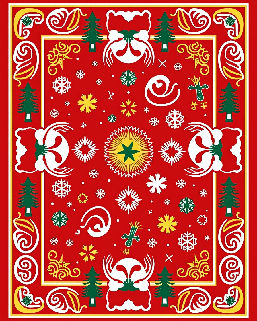 Festive Red Christmas Tree Snowflake Rug