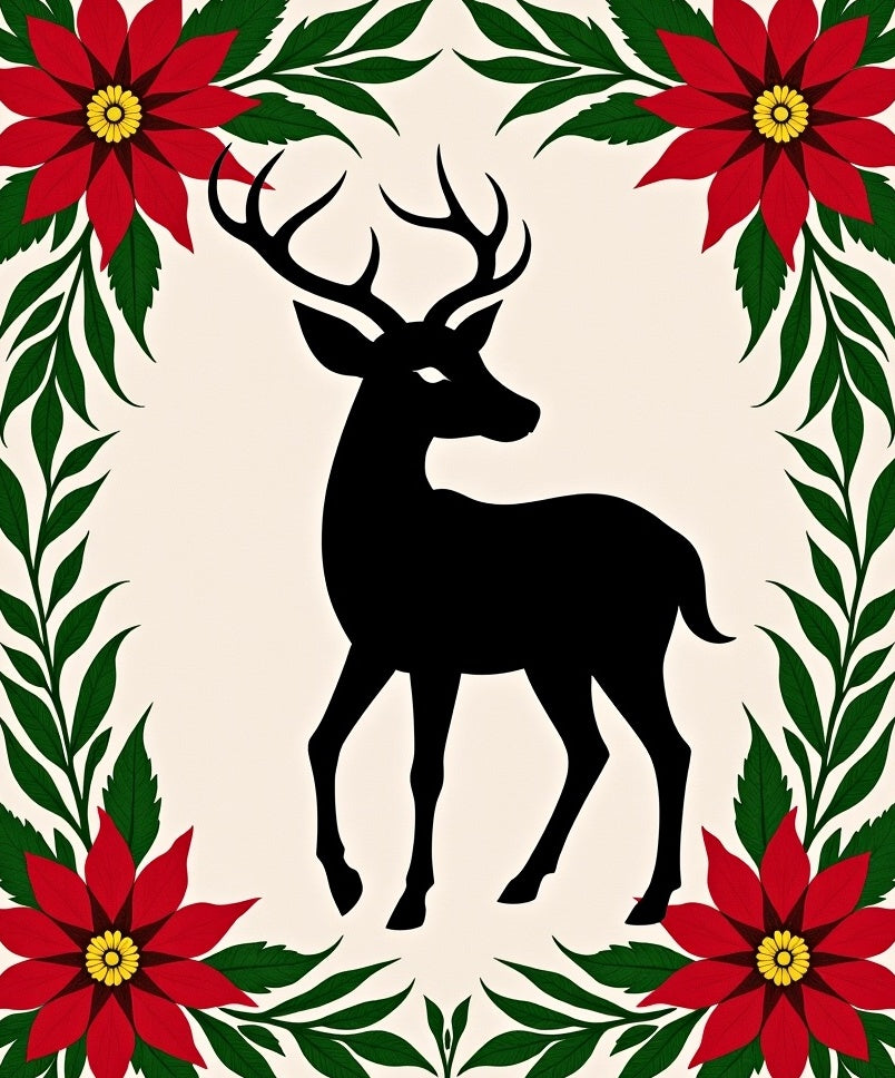 Black Deer Red Poinsettia Garland Rug