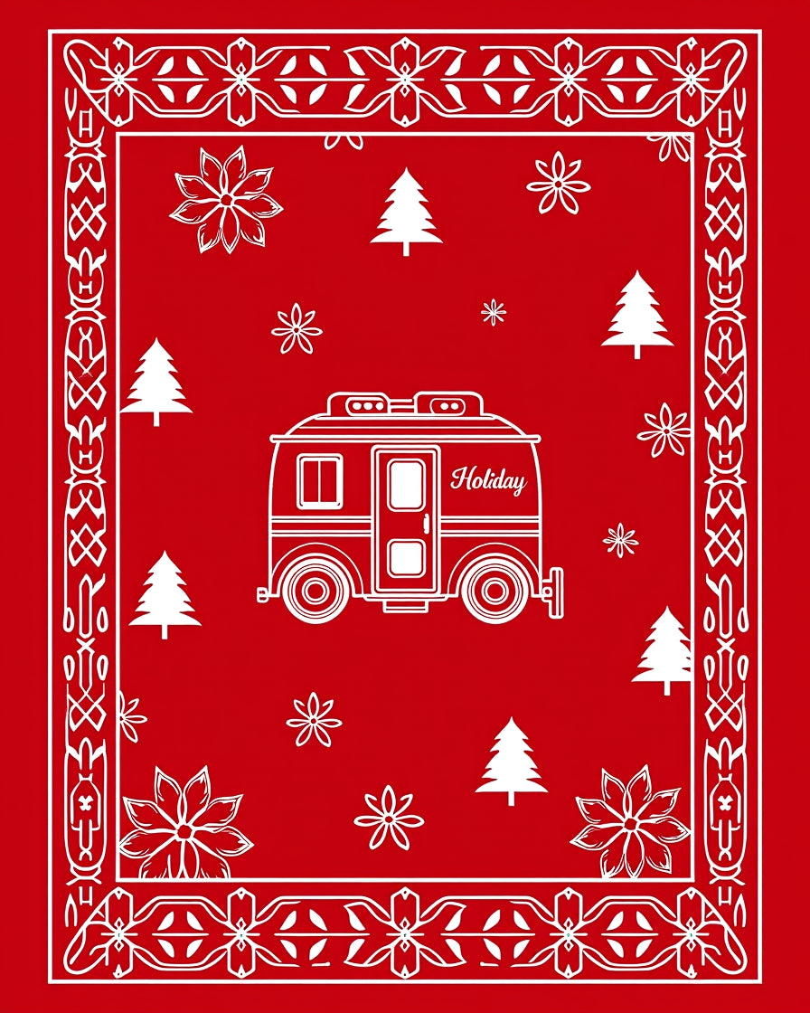 Red Camper Holiday Trees Poinsettias Border Rug