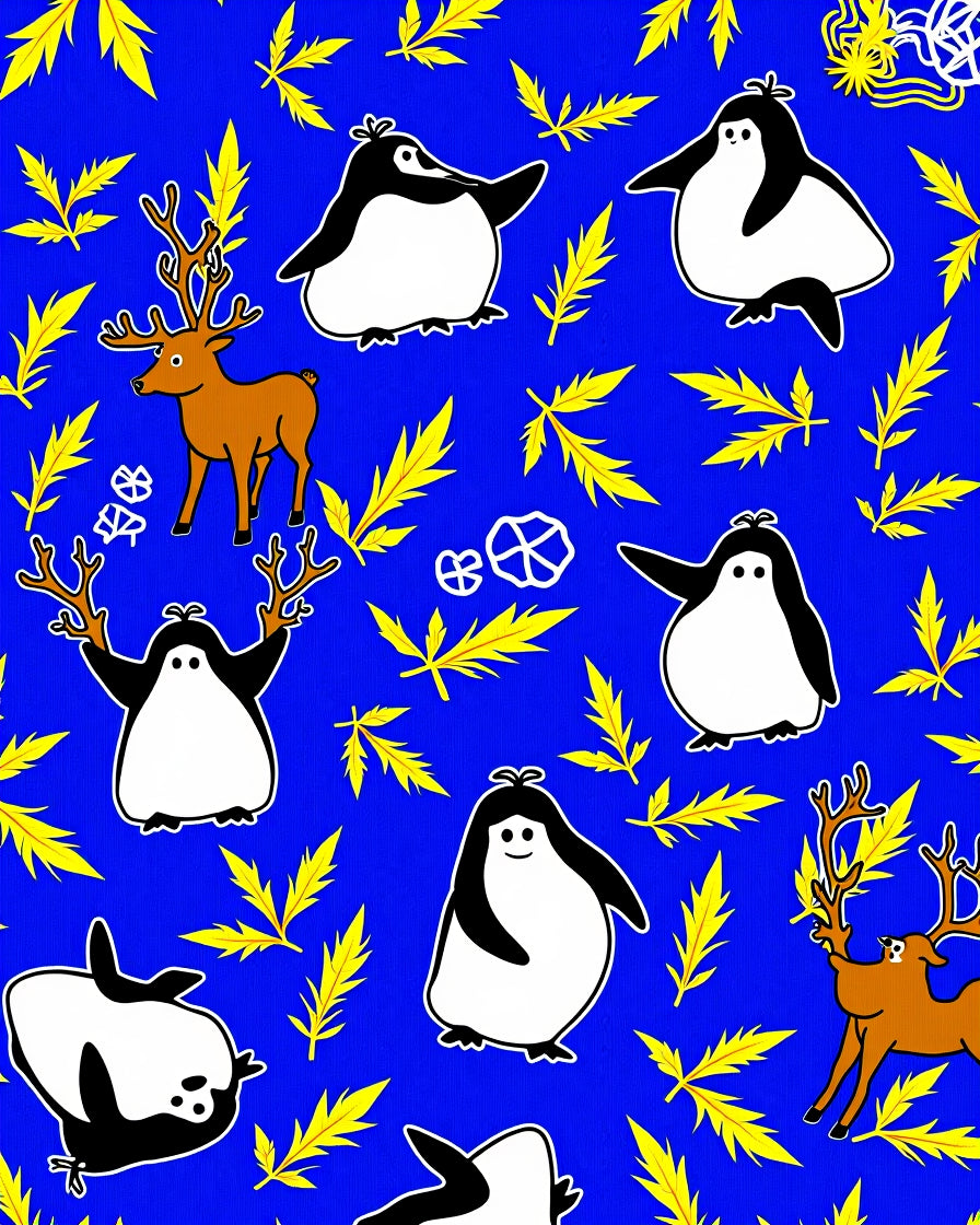Playful Penguins And Deer Bright Yellow Leaves Rug