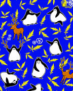 Playful Penguins And Deer Bright Yellow Leaves Rug