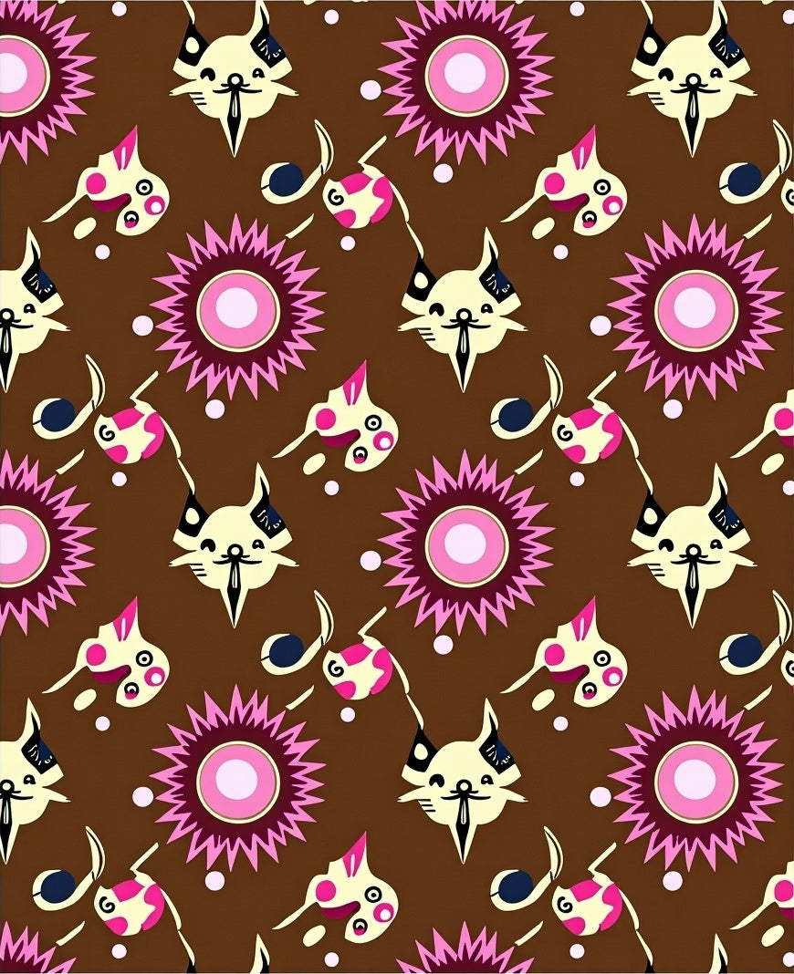 Brown Whimsical Pink Cat Flower Rug