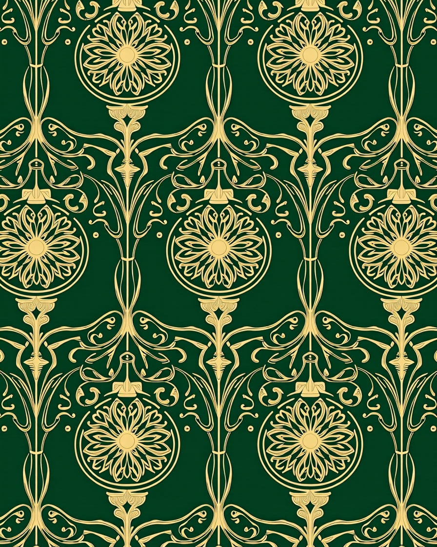 Art Nouveau Gold Floral Swirl Green Rug