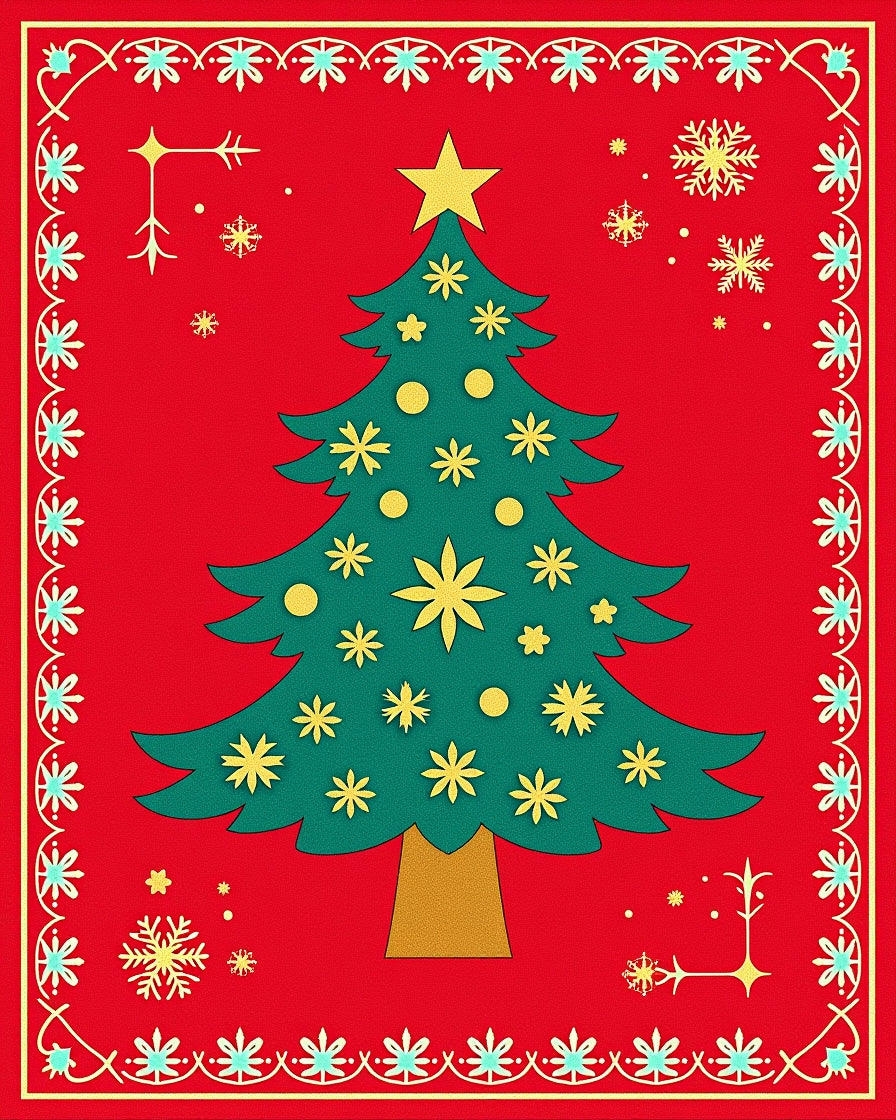 Christmas Tree Red Snowflake Border Rug