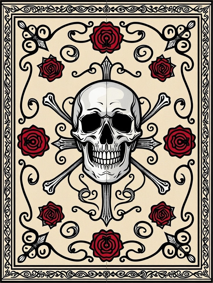 Crimson Skull Roses Baroque Border Rug