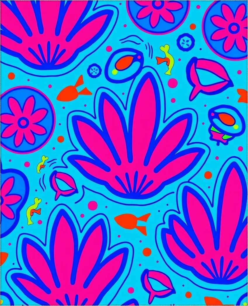 Vibrant Aqua Pink Floral Fish Medley Rug